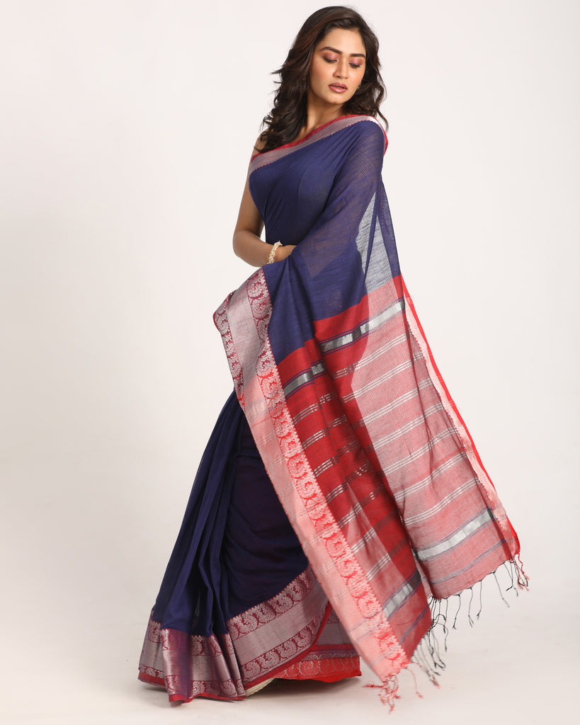 Women's Navy Blue Handloom Cotton Tangail Saree