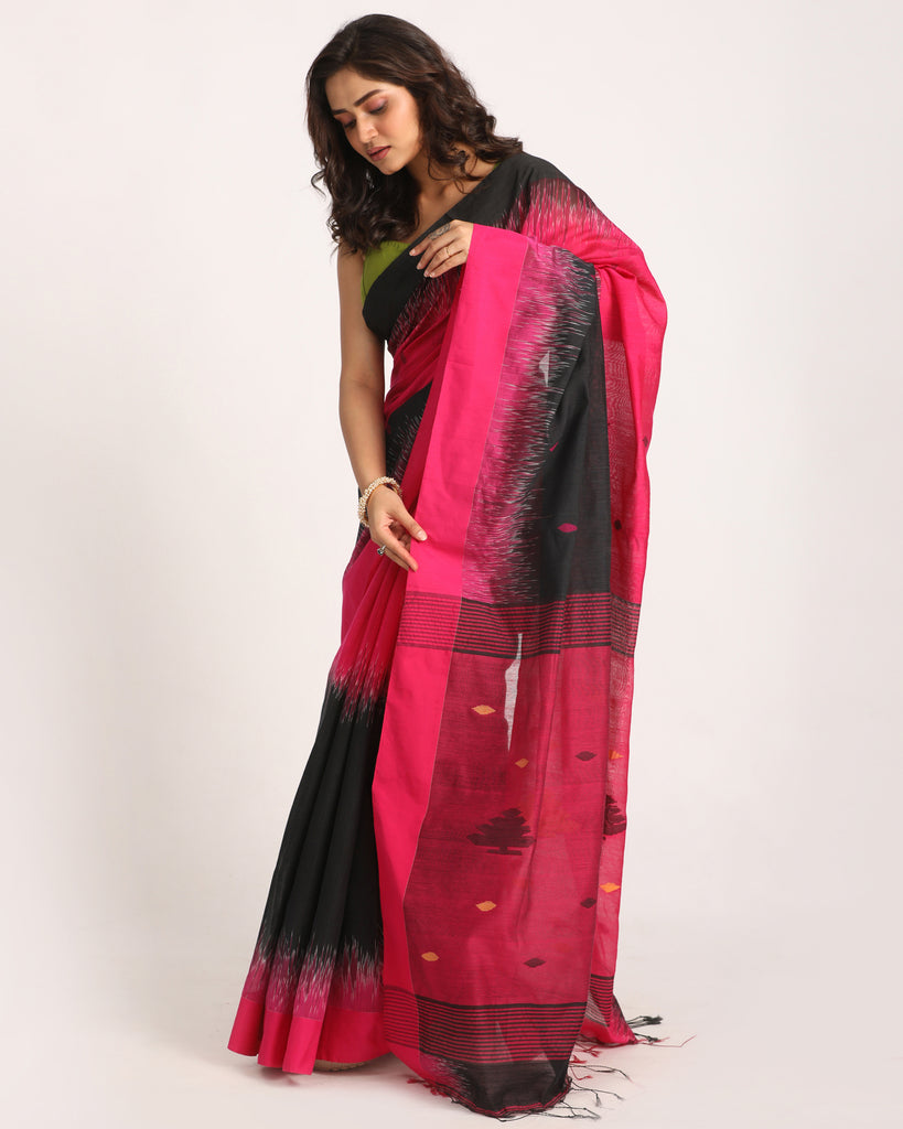 Women's Deep Pink Cotton Blend Handloom Tie Dye Jamdani Saree