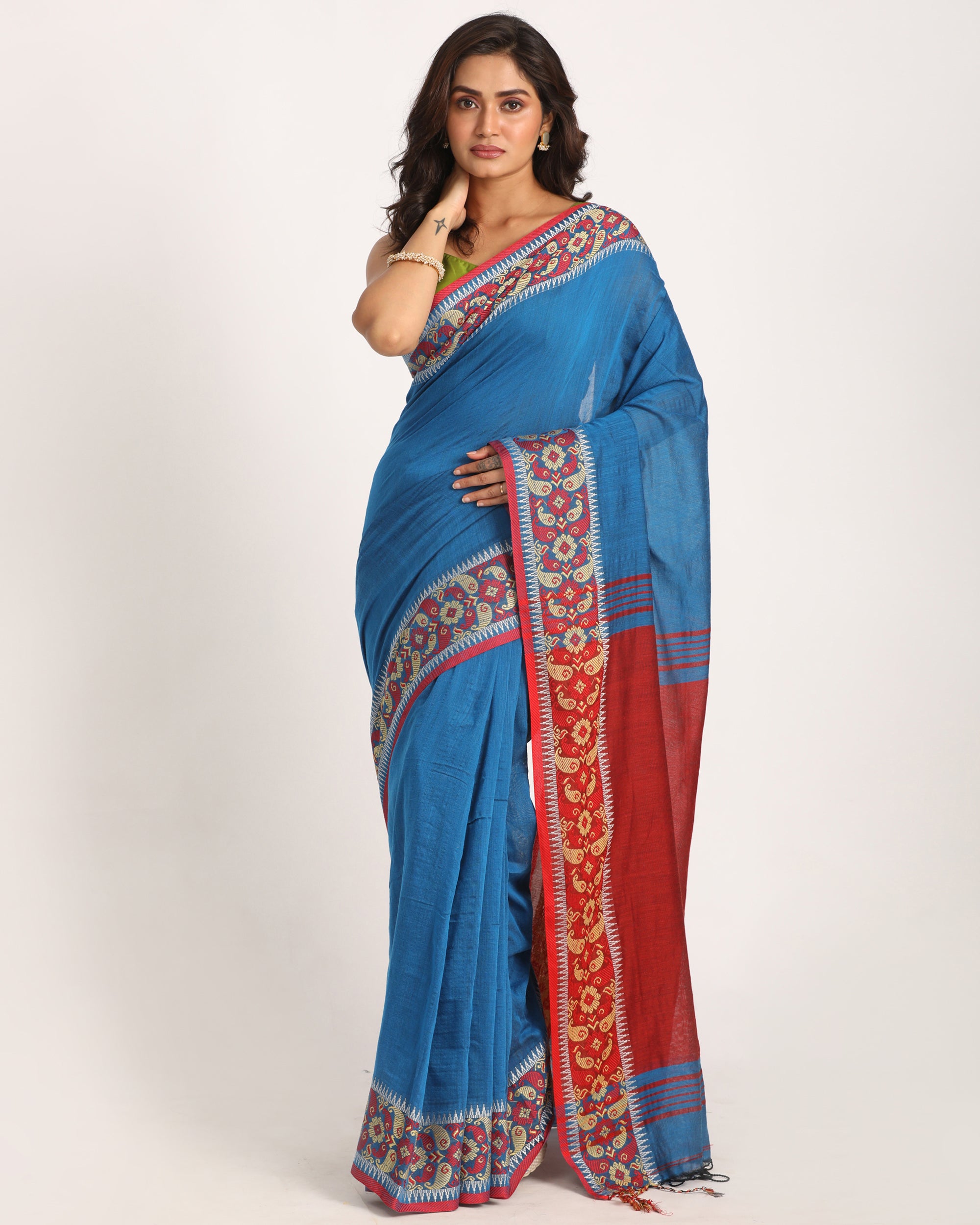 Women's Blue Handloom Cotton Tangail Saree - Angoshobha