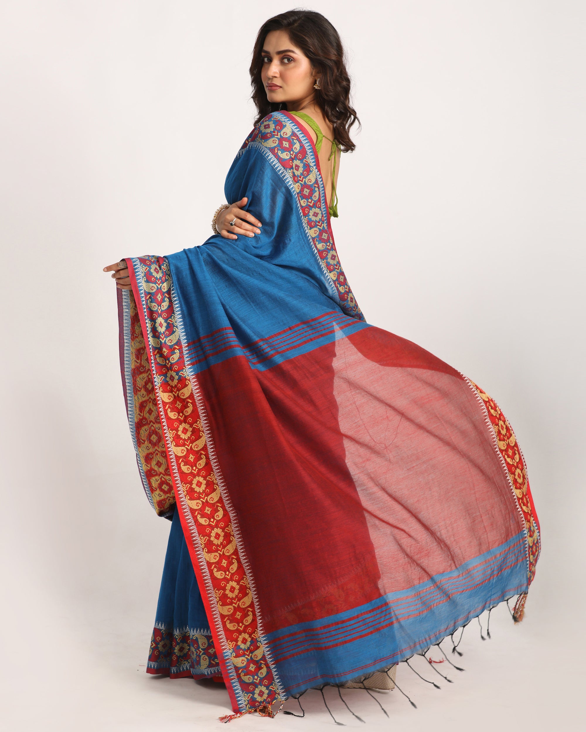 Women's Blue Handloom Cotton Tangail Saree - Angoshobha
