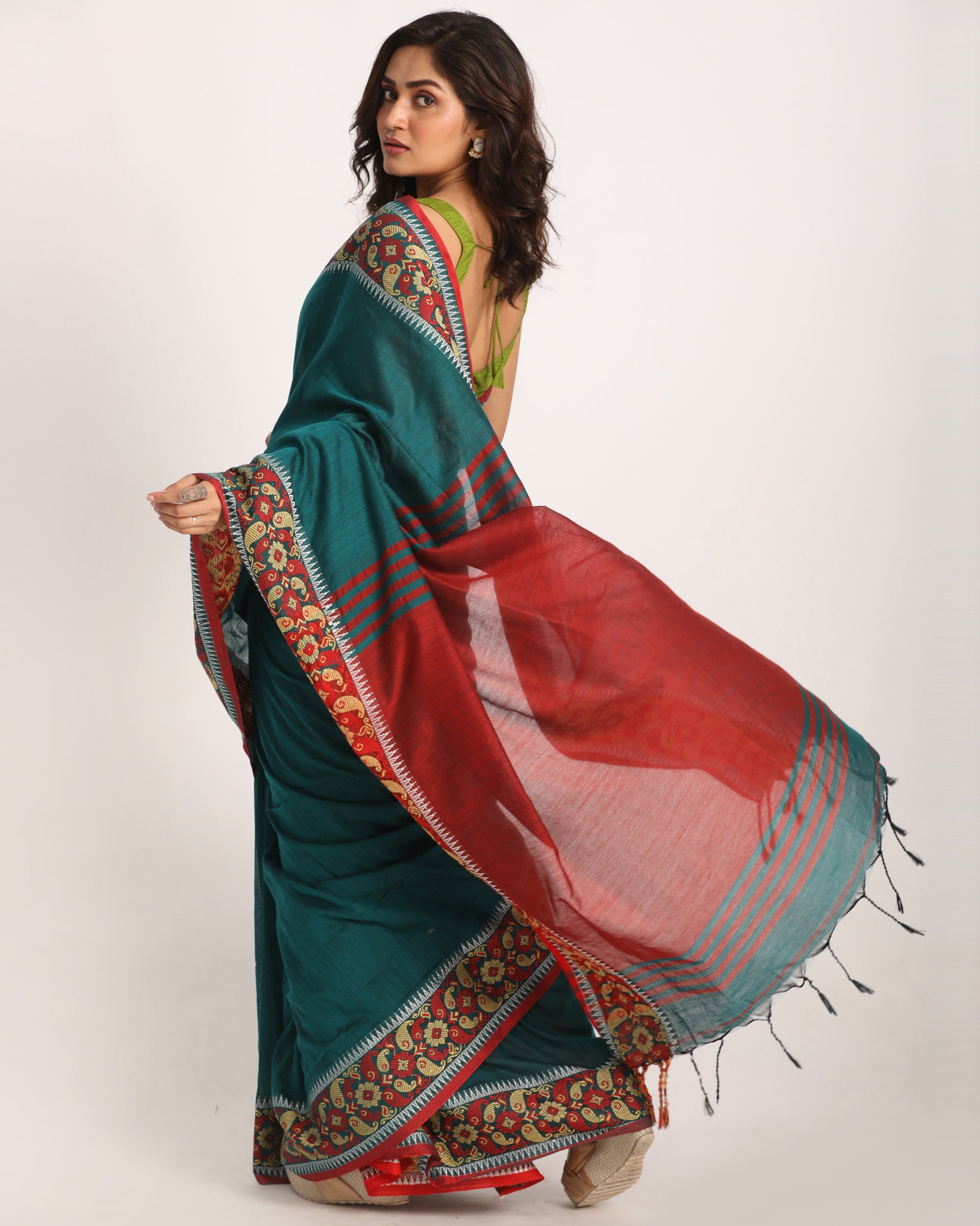 Women's Deep Teal Handloom Cotton Tangail Saree - Angoshobha