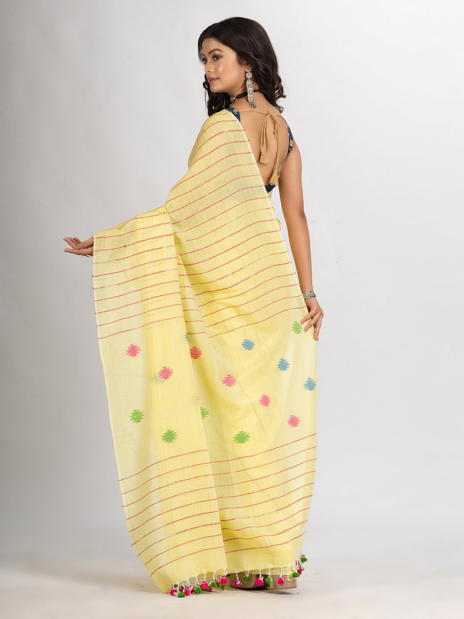 Women's Yellow Red Handwoven Cotton Jamdani handloom Saree - Angoshobha