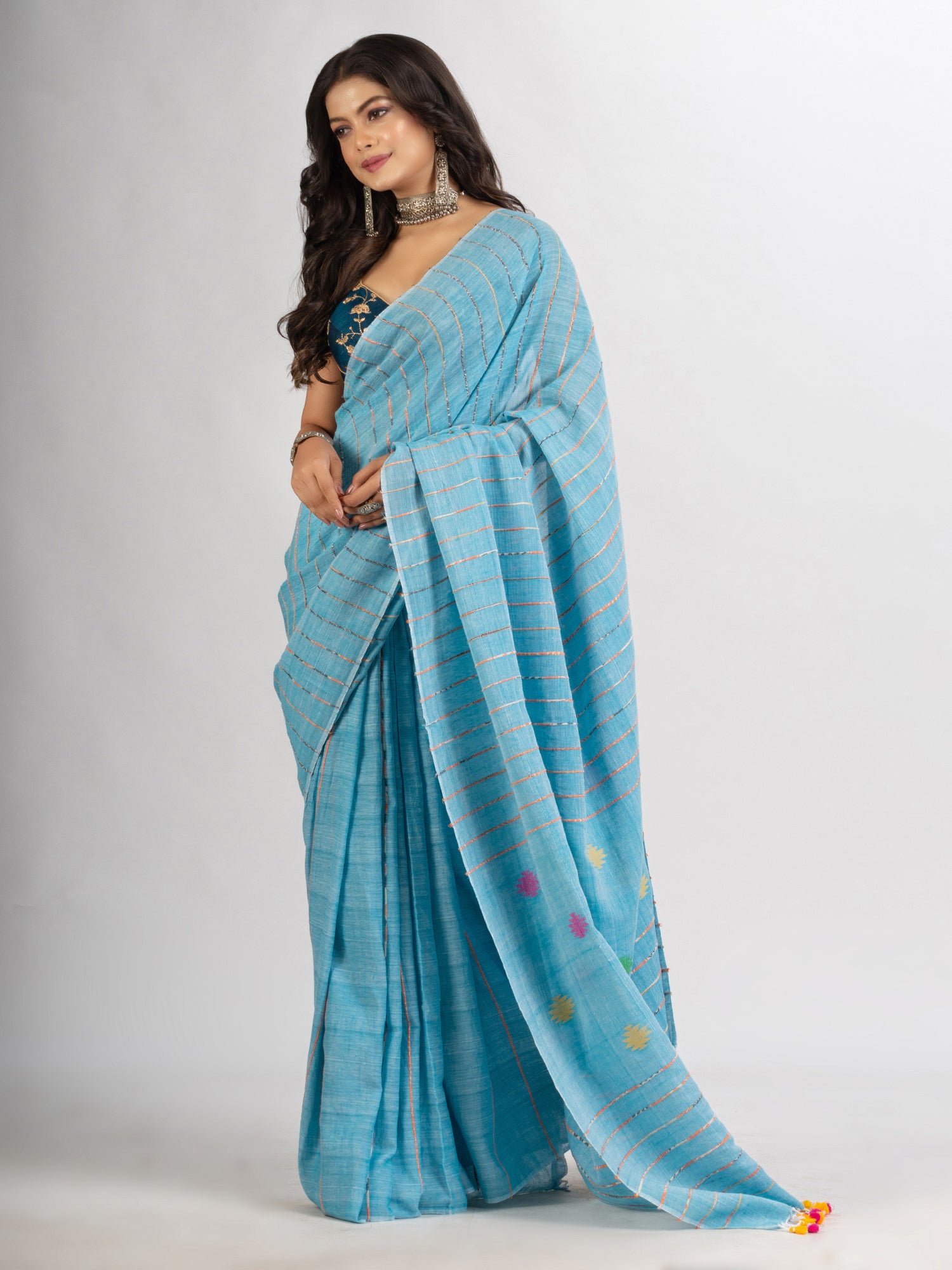 Women's Sky Blue Handwoven Cotton Jamdani handloom Saree - Angoshobha