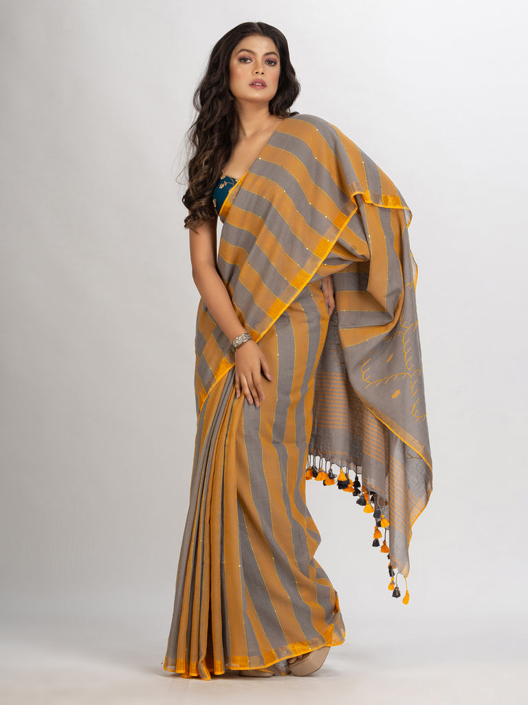 Women's Gold Steel Stipe Handwoven Cotton Jamdani handloom Saree