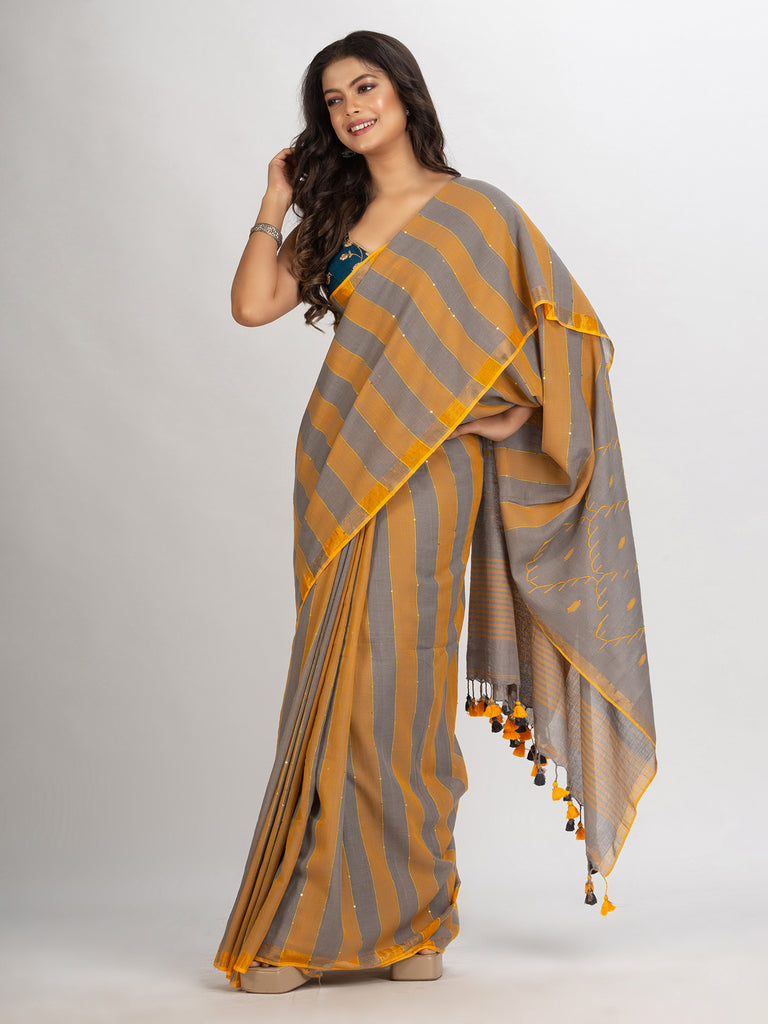 Women's Gold Steel Stipe Handwoven Cotton Jamdani handloom Saree