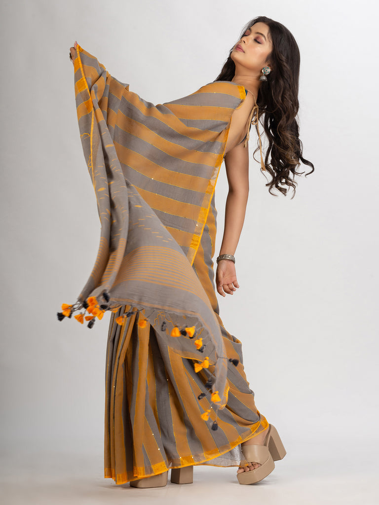 Women's Gold Steel Stipe Handwoven Cotton Jamdani handloom Saree
