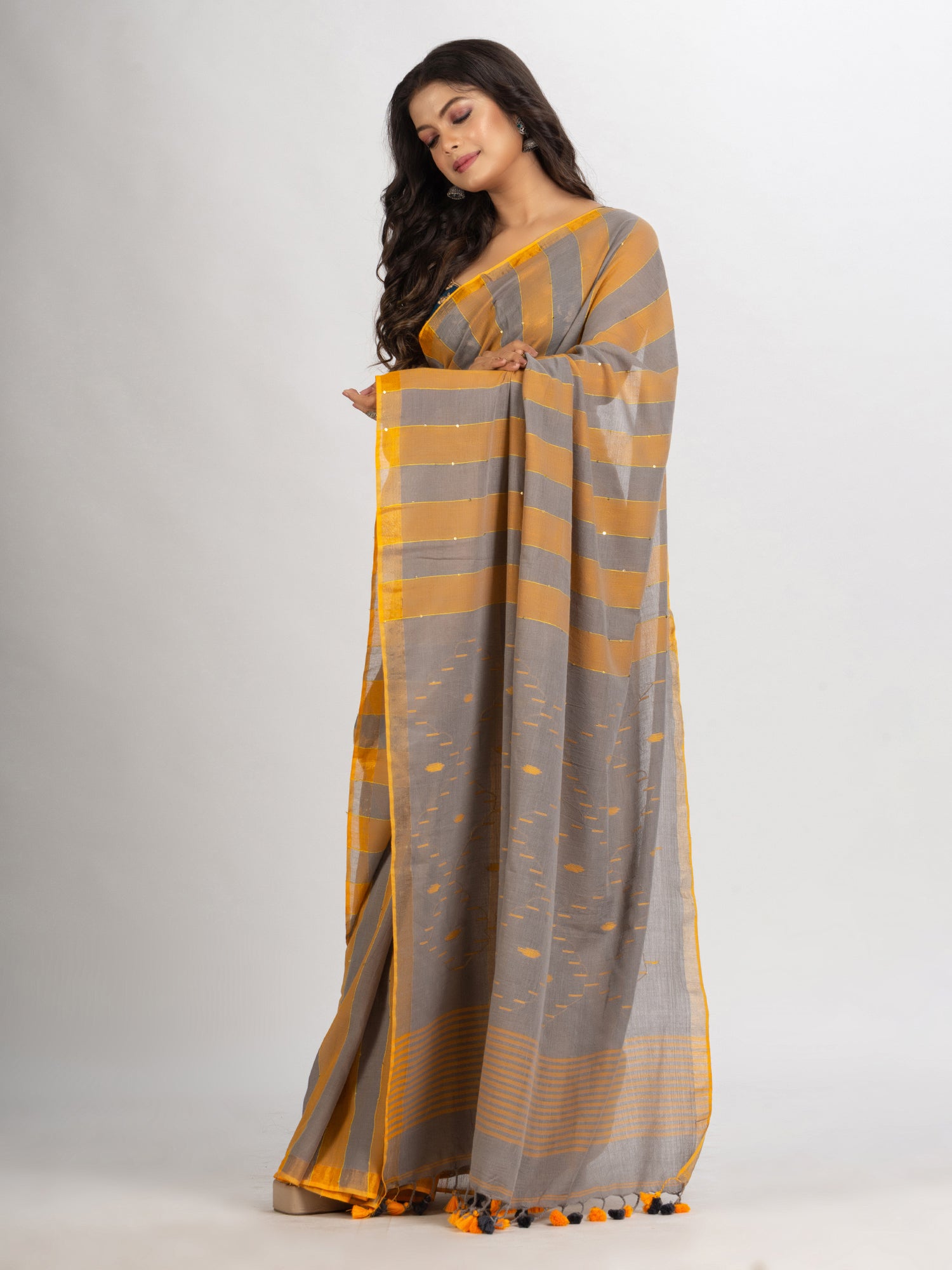 Women's Gold Steel Stipe Handwoven Cotton Jamdani handloom Saree - Angoshobha