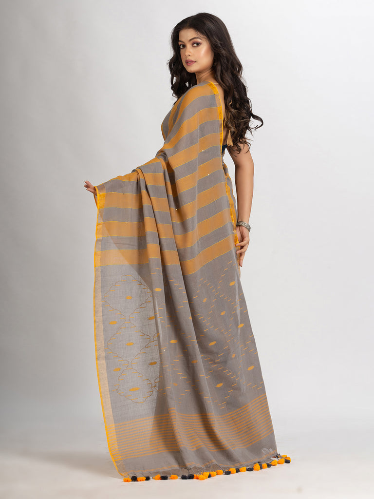 Women's Gold Steel Stipe Handwoven Cotton Jamdani handloom Saree
