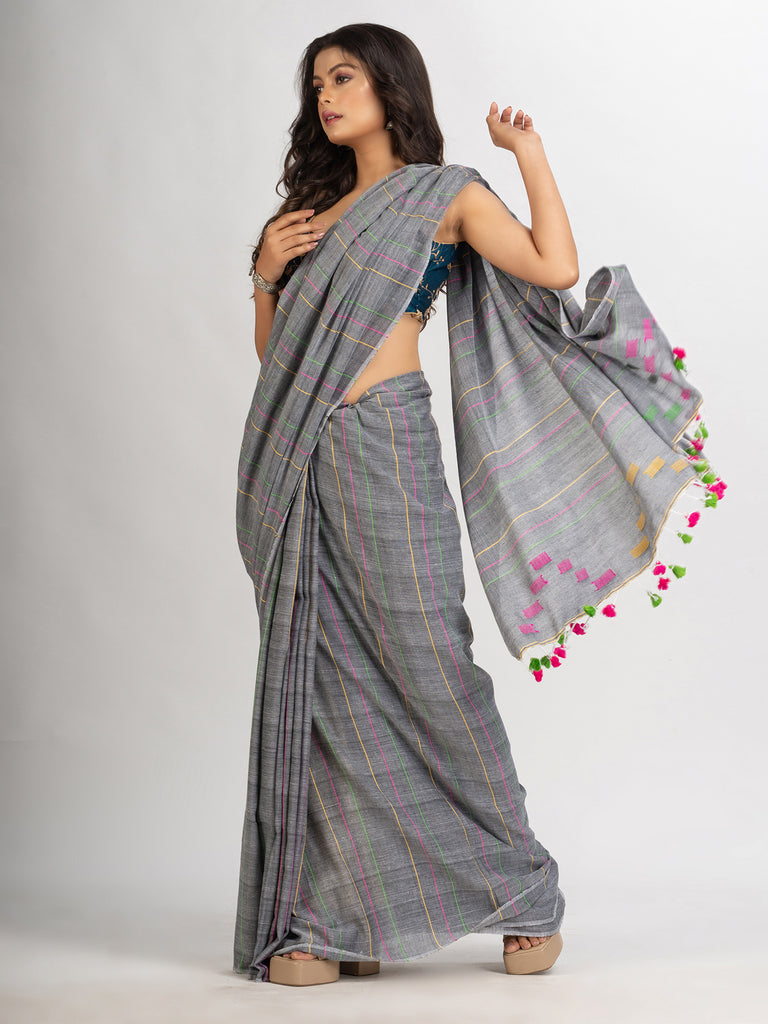 Women's Gray Handwoven Cotton Jamdani handloom Saree