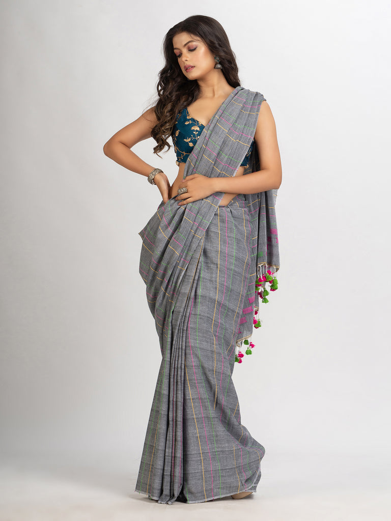 Women's Gray Handwoven Cotton Jamdani handloom Saree