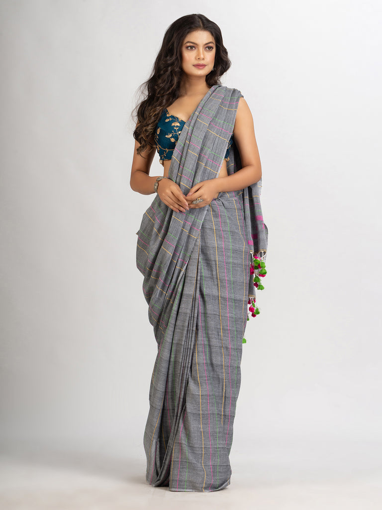 Women's Gray Handwoven Cotton Jamdani handloom Saree