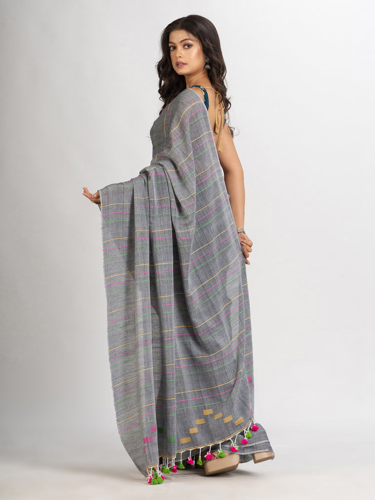 Women's Gray Handwoven Cotton Jamdani handloom Saree