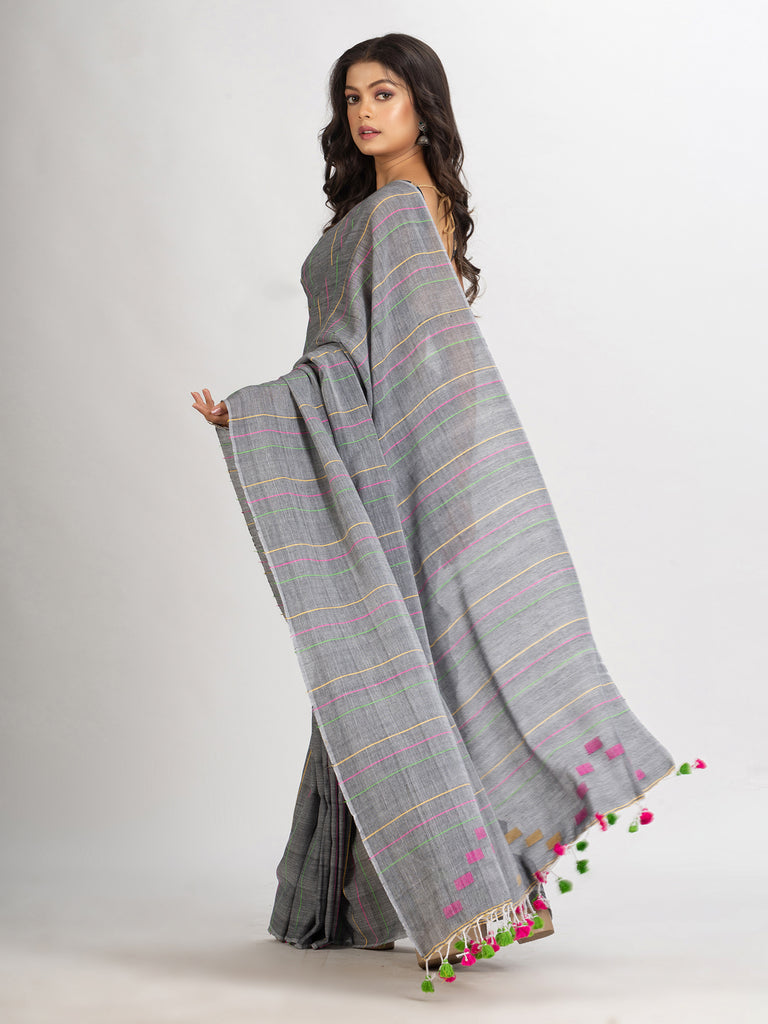 Women's Gray Handwoven Cotton Jamdani handloom Saree