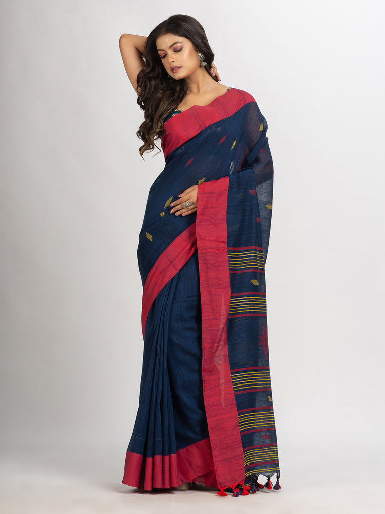 Women's Navy Blue Handwoven Cotton Jamdani handloom Saree