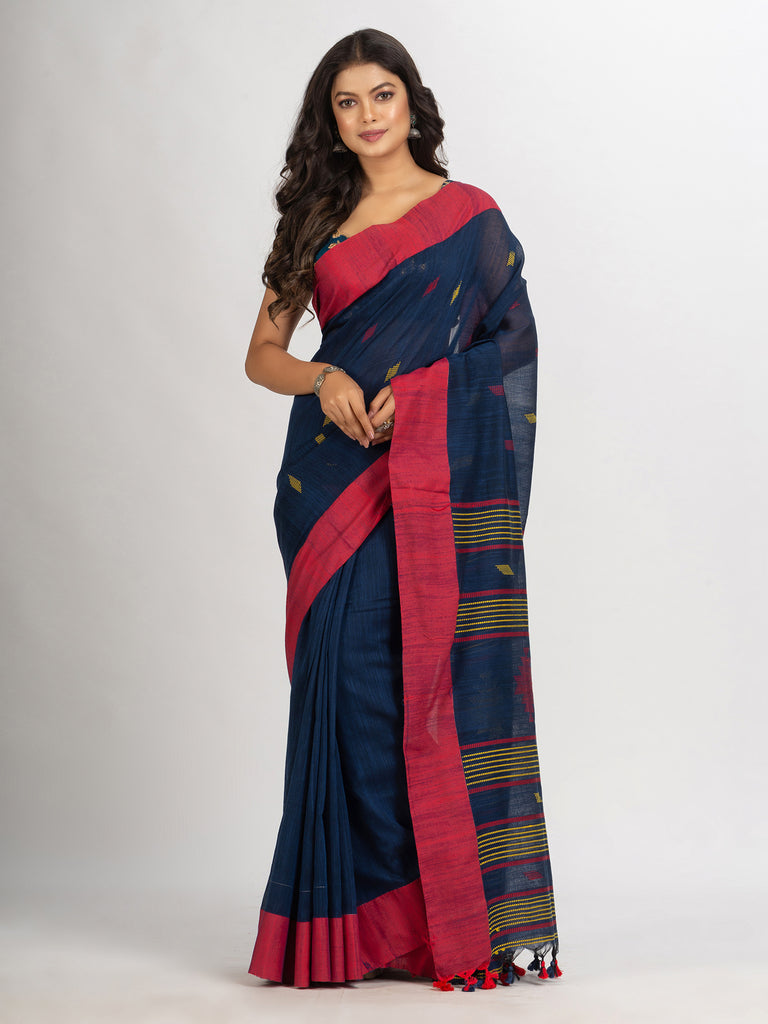 Women's Navy Blue Handwoven Cotton Jamdani handloom Saree