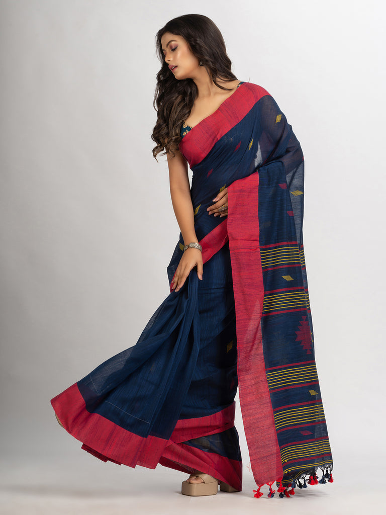 Women's Navy Blue Handwoven Cotton Jamdani handloom Saree