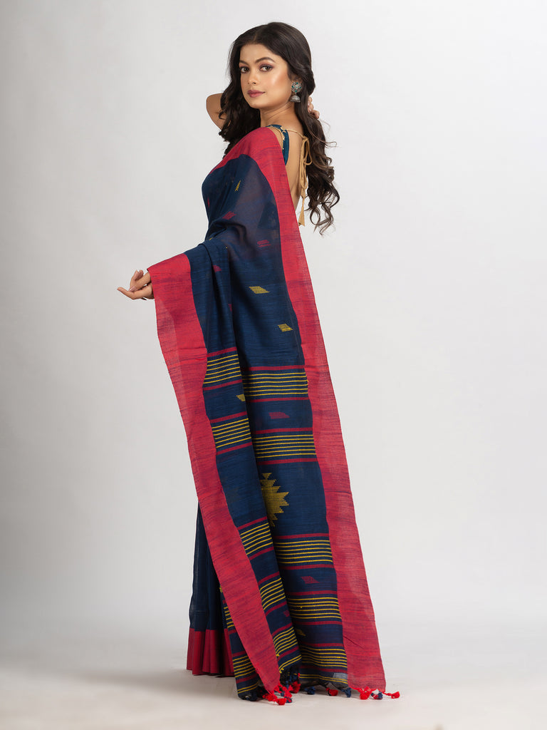 Women's Navy Blue Handwoven Cotton Jamdani handloom Saree