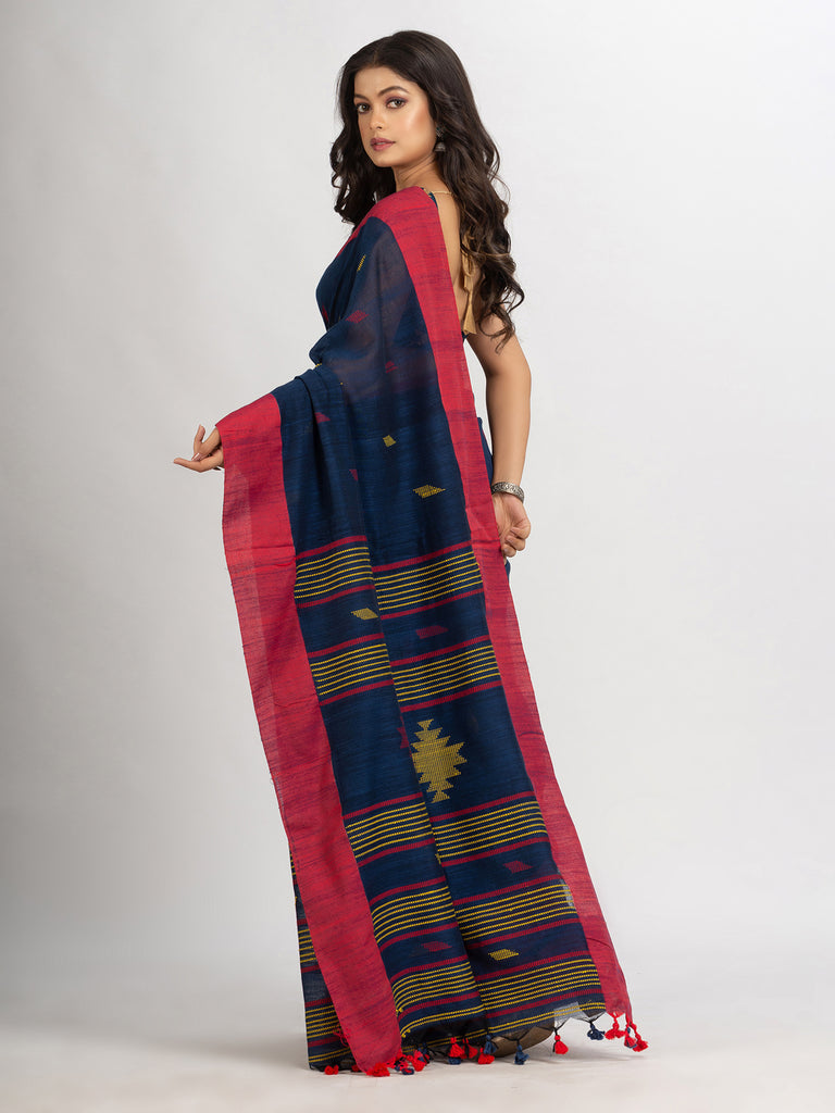 Women's Navy Blue Handwoven Cotton Jamdani handloom Saree