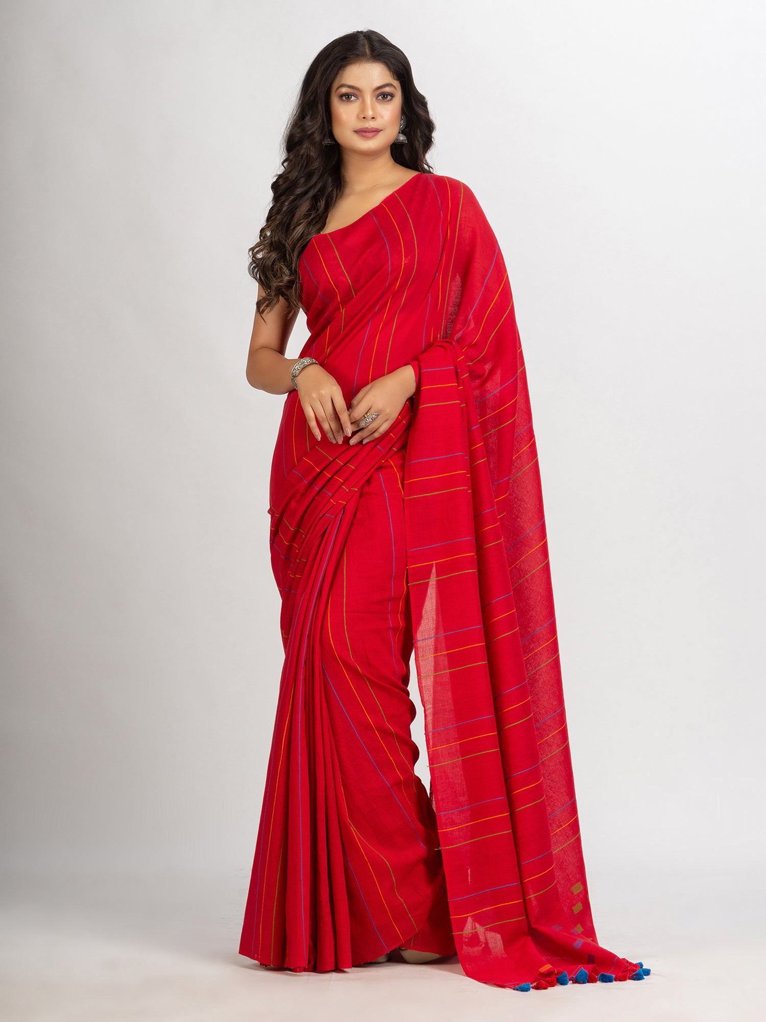 Women's Red Handwoven Cotton Jamdani handloom Saree - Angoshobha