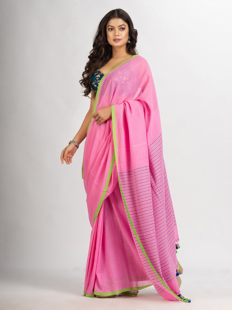 Women's Pink Handwoven Cotton Stipe handloom Saree