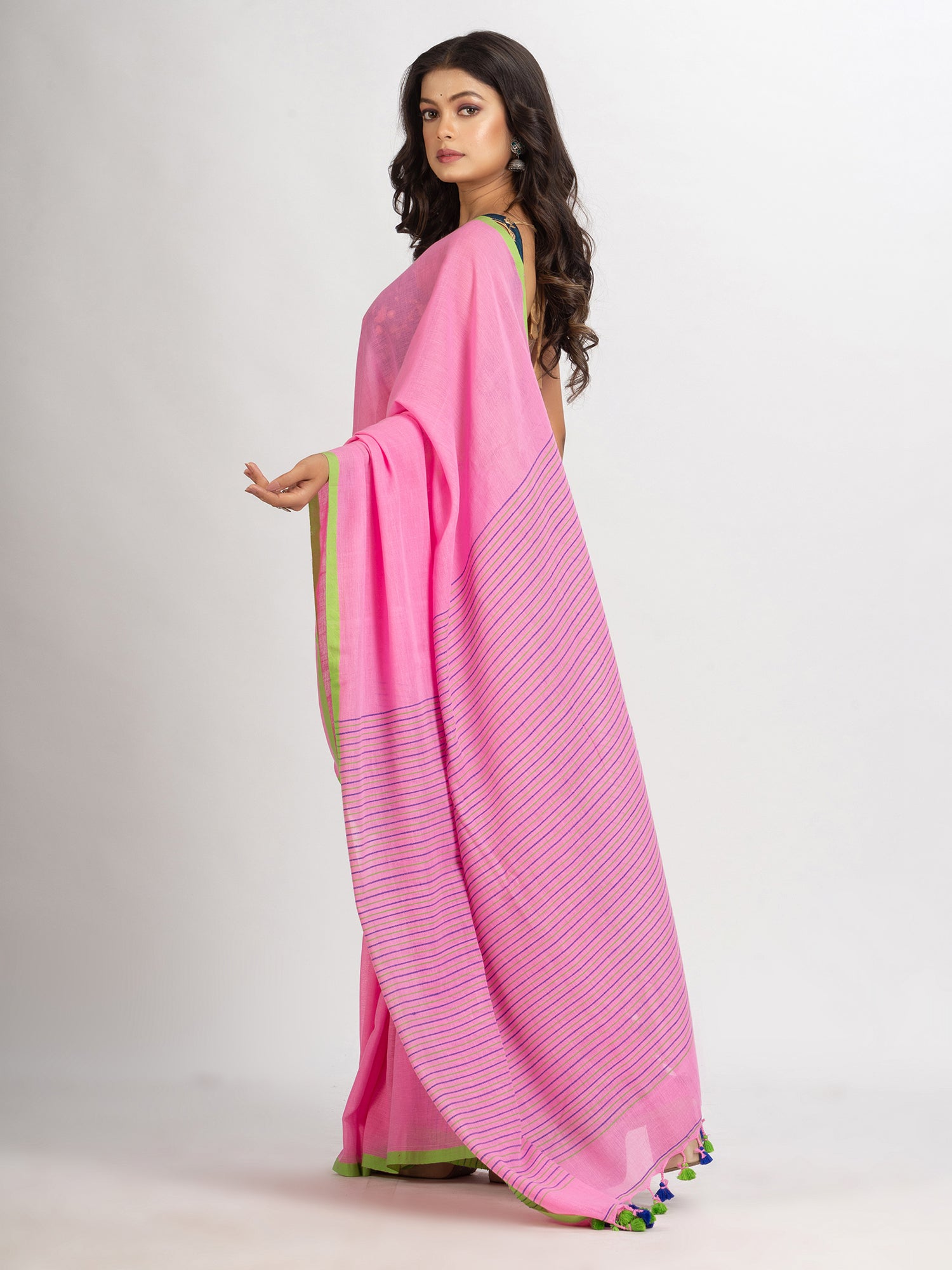 Women's Pink Handwoven Cotton Stipe handloom Saree - Angoshobha