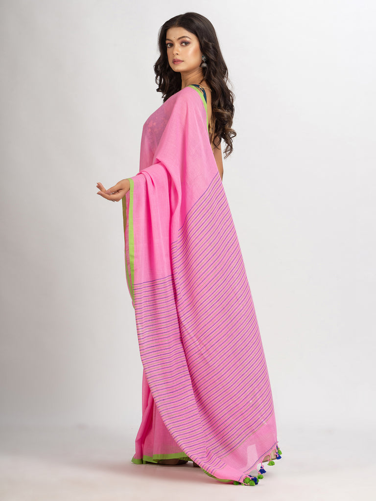 Women's Pink Handwoven Cotton Stipe handloom Saree