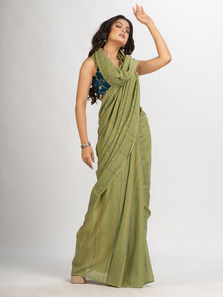 Women's Sage Green Handwoven Cotton Jamdani handloom Saree