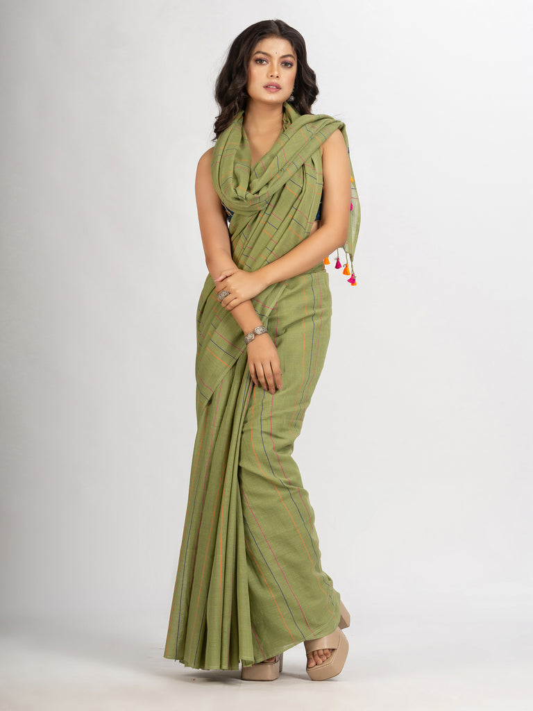 Women's Sage Green Handwoven Cotton Jamdani handloom Saree