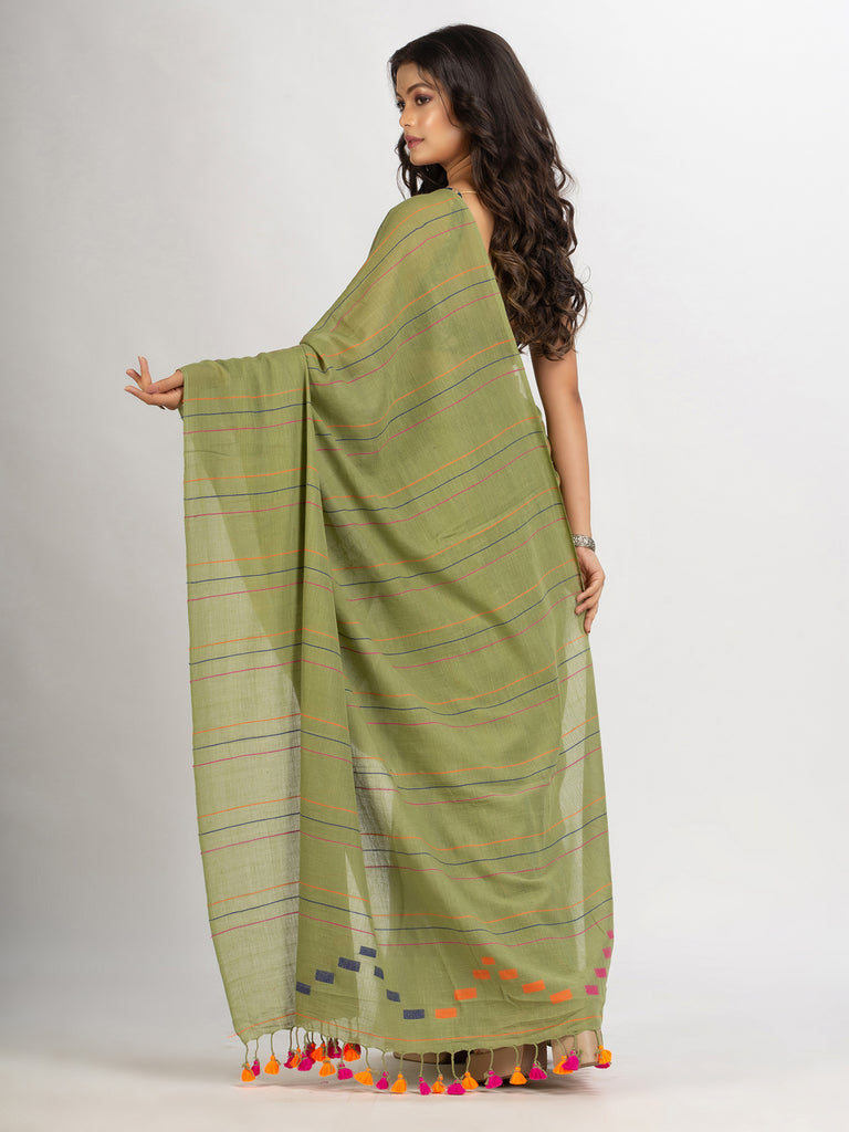 Women's Sage Green Handwoven Cotton Jamdani handloom Saree