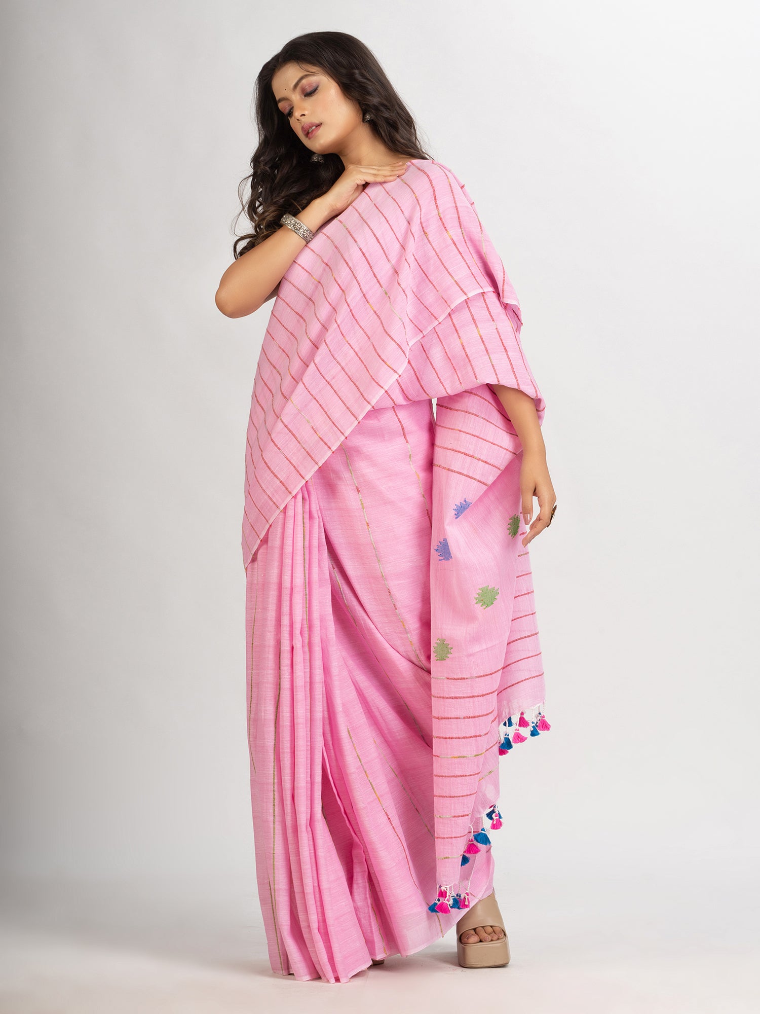 Women's Pink Handwoven Cotton Jamdani handloom Saree - Angoshobha