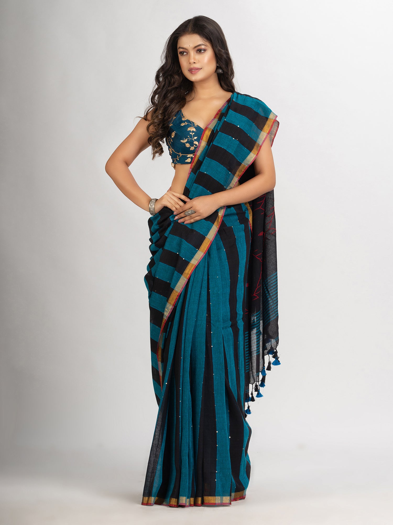 Women's Black Sky Blue Stipe Handwoven Cotton Jamdani handloom Saree - Angoshobha
