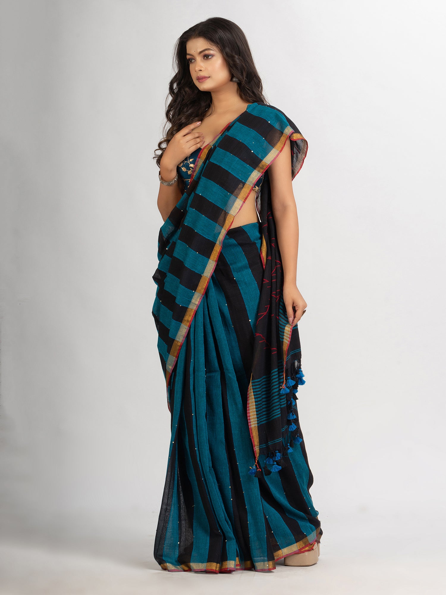 Women's Black Sky Blue Stipe Handwoven Cotton Jamdani handloom Saree - Angoshobha