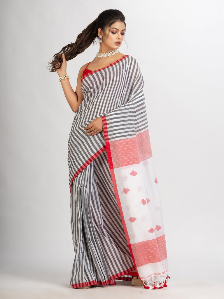 Women's White Black Stipe Handwoven Cotton Jamdani handloom Saree