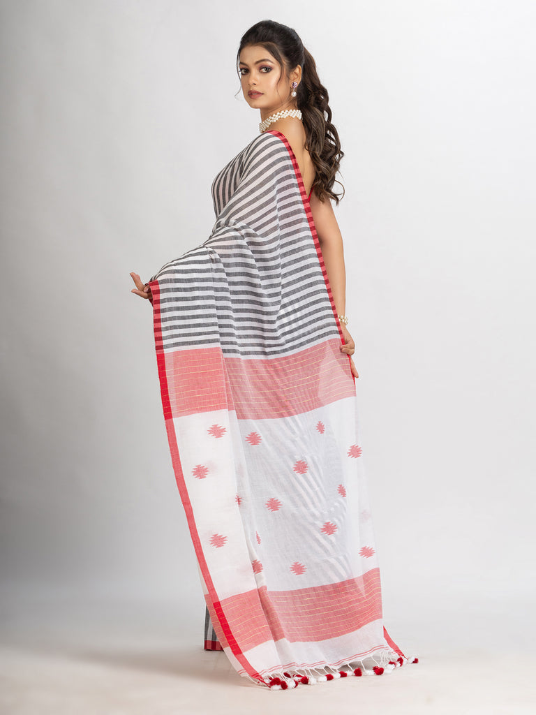 Women's White Black Stipe Handwoven Cotton Jamdani handloom Saree