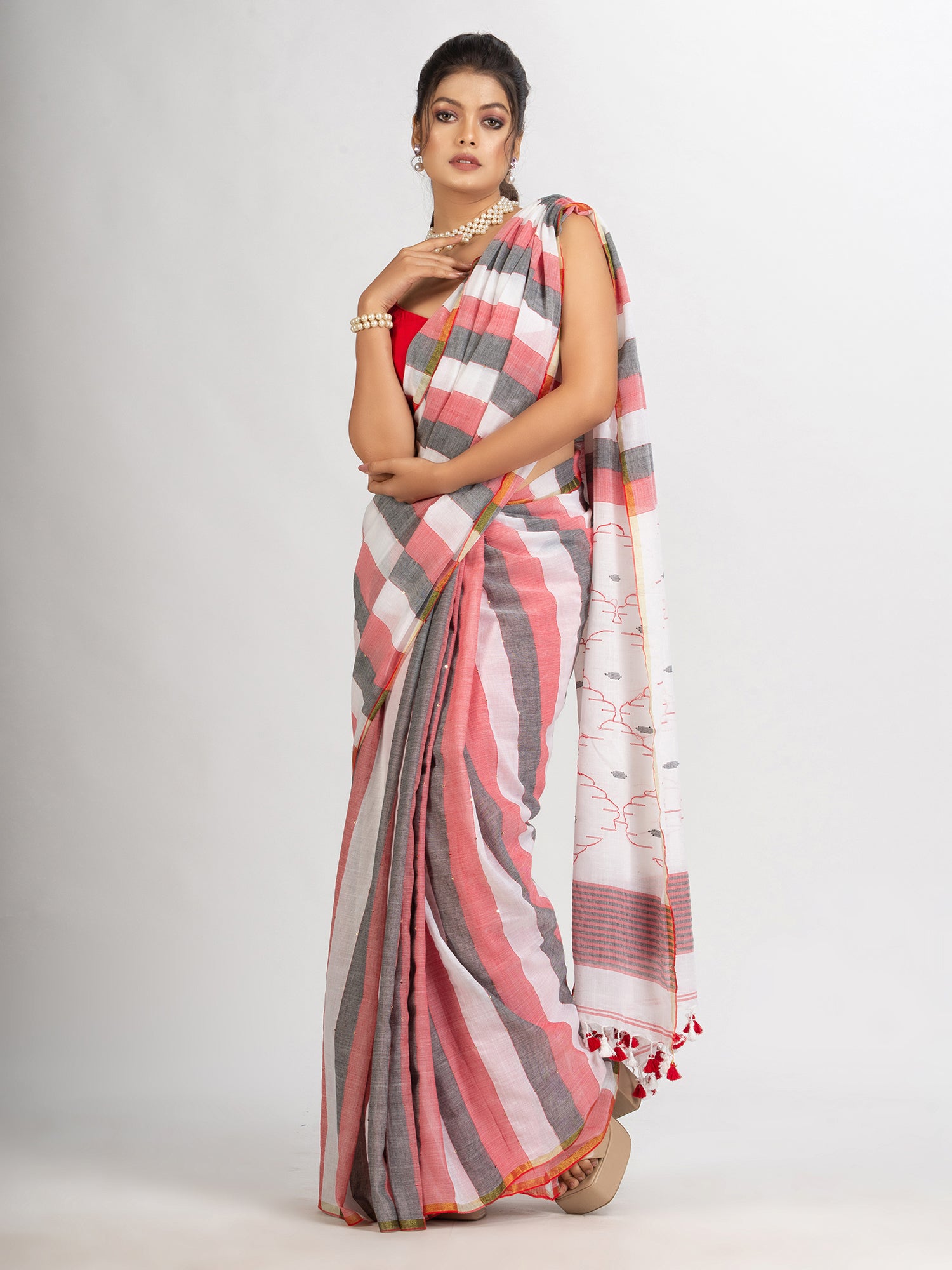 Women's White Black and Red Stipe Handwoven Cotton Jamdani handloom Saree - Angoshobha