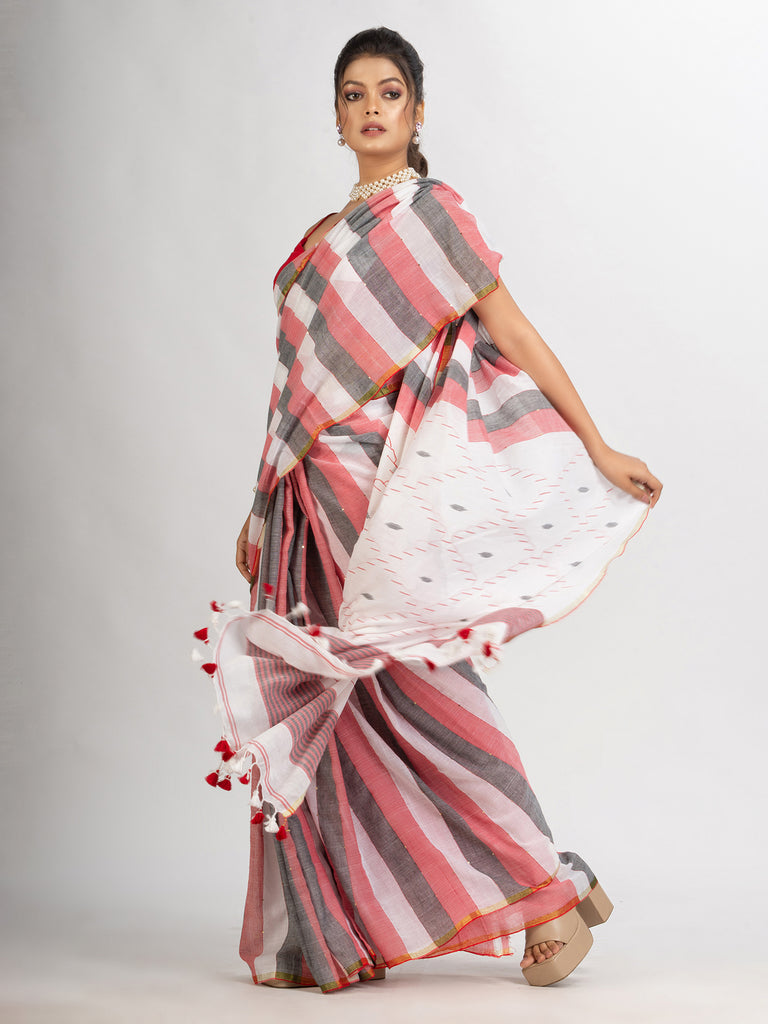 Women's White Black and Red Stipe Handwoven Cotton Jamdani handloom Saree
