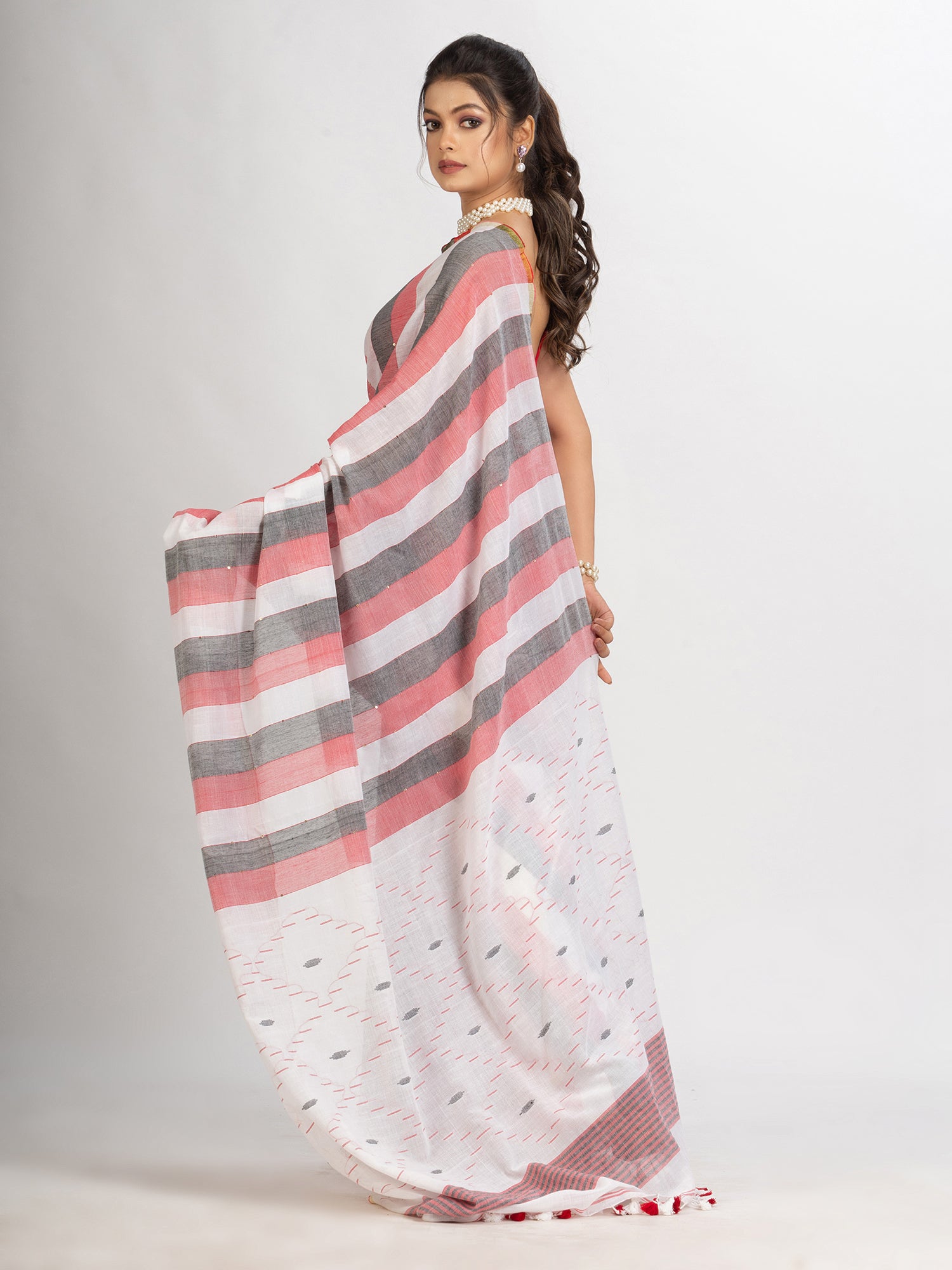 Women's White Black and Red Stipe Handwoven Cotton Jamdani handloom Saree - Angoshobha