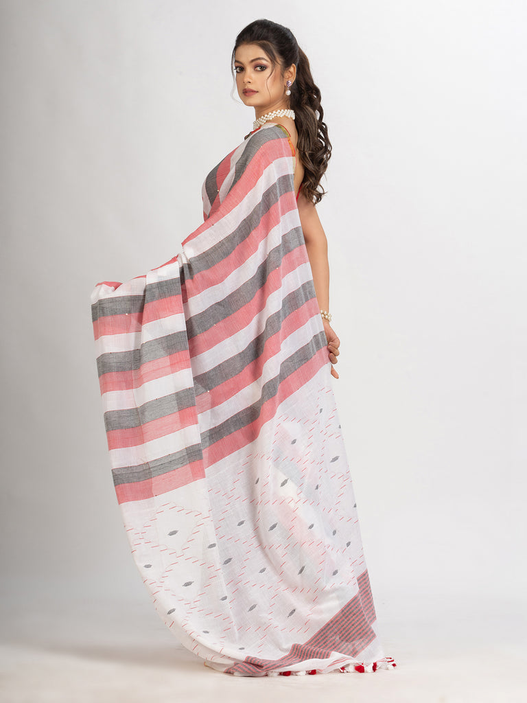 Women's White Black and Red Stipe Handwoven Cotton Jamdani handloom Saree