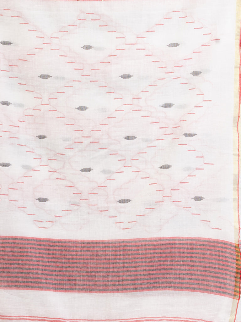 Women's White Black and Red Stipe Handwoven Cotton Jamdani handloom Saree