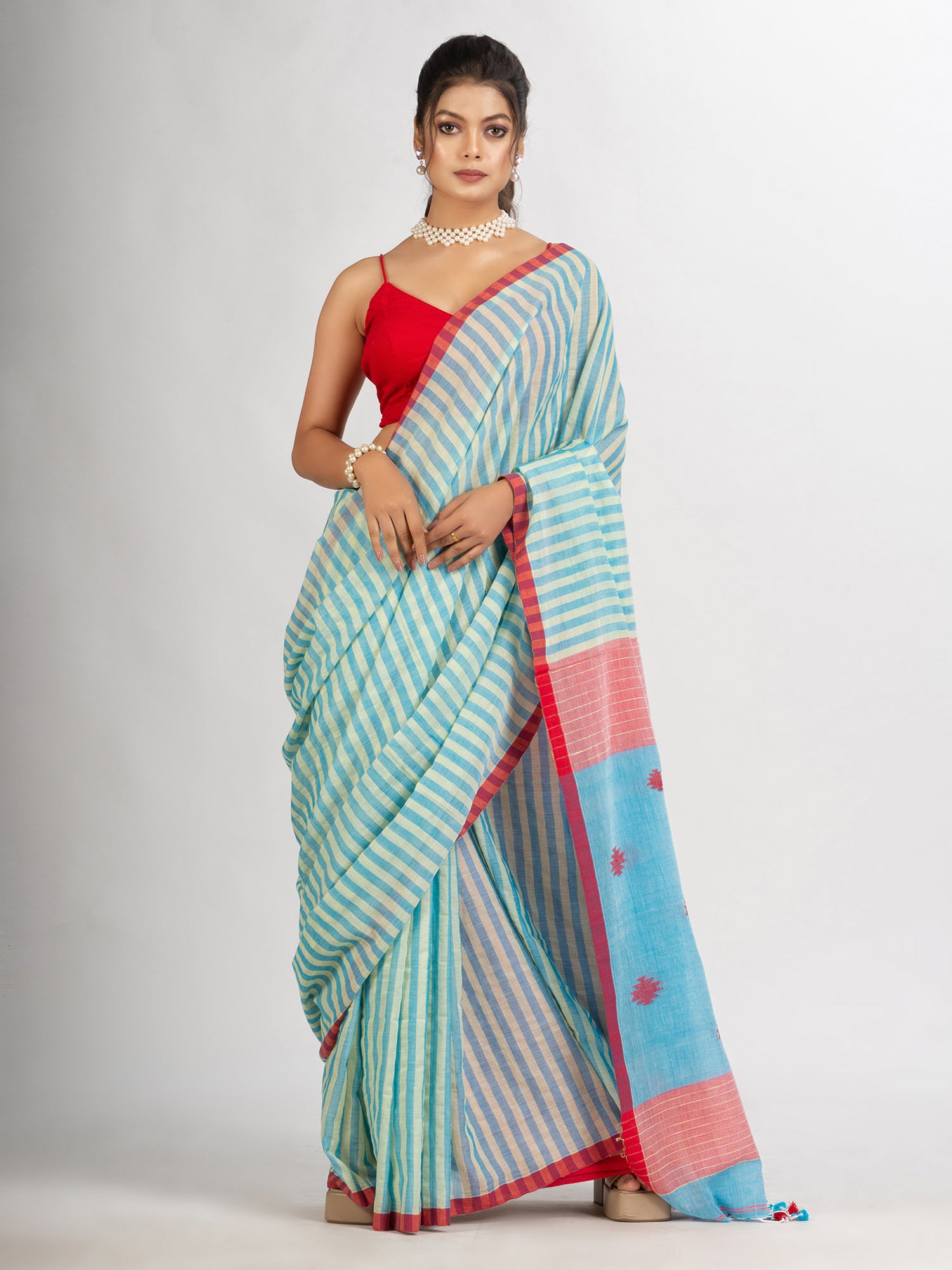 Women's Sky Blue yollow Stipe Handwoven Cotton Jamdani handloom Saree - Angoshobha
