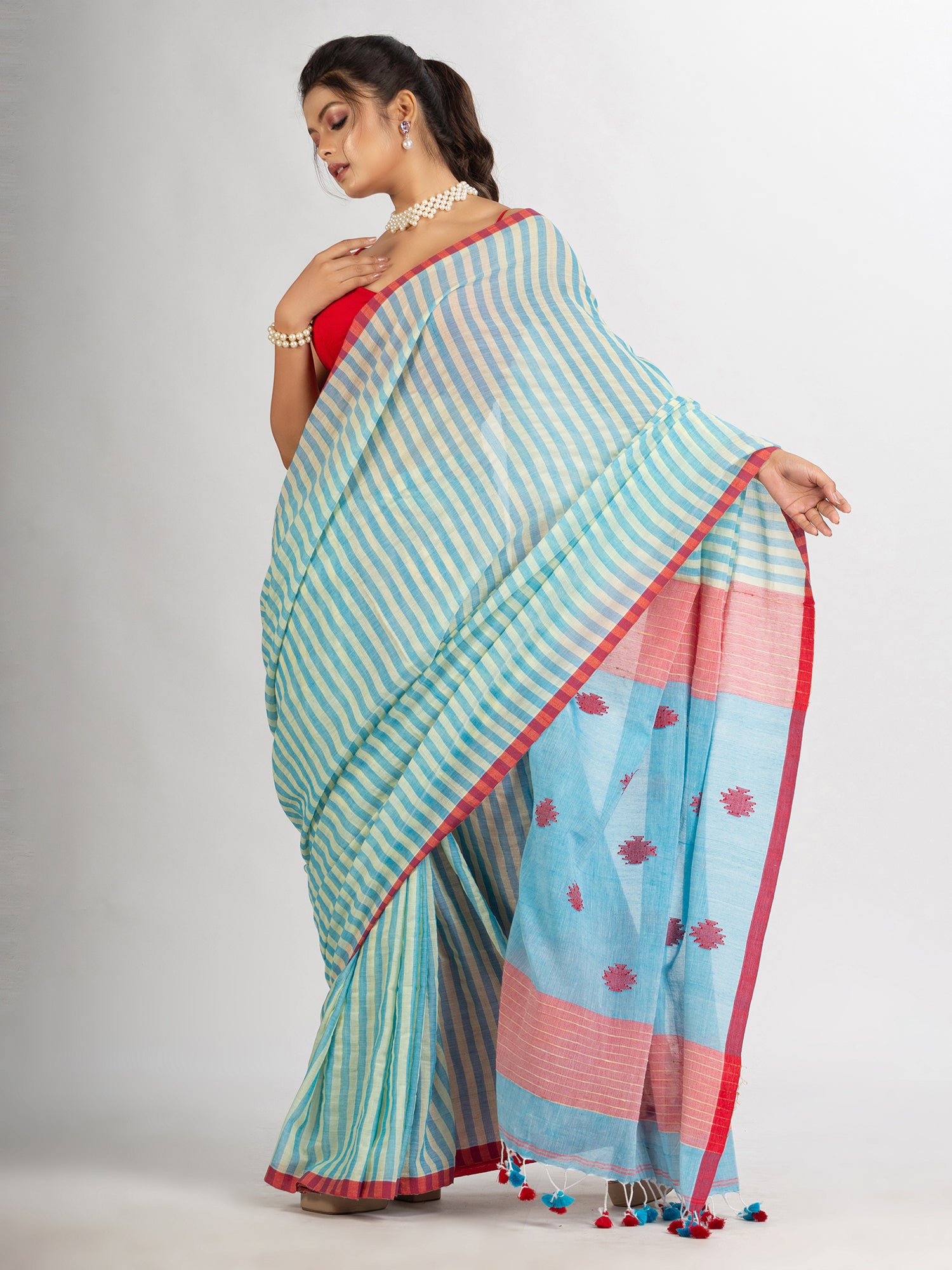 Women's Sky Blue yollow Stipe Handwoven Cotton Jamdani handloom Saree - Angoshobha
