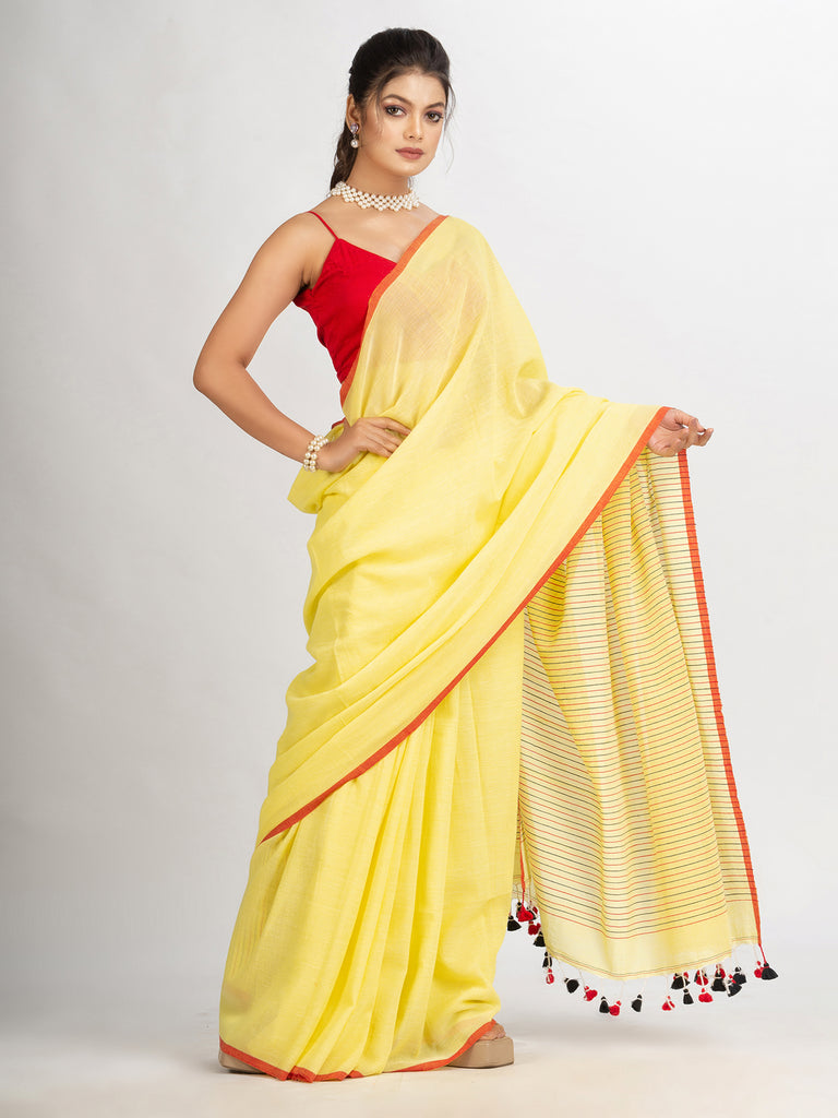 Women's Yollow Handwoven Cotton Stipe handloom Saree