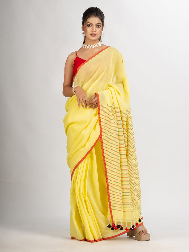 Women's Yollow Handwoven Cotton Stipe handloom Saree