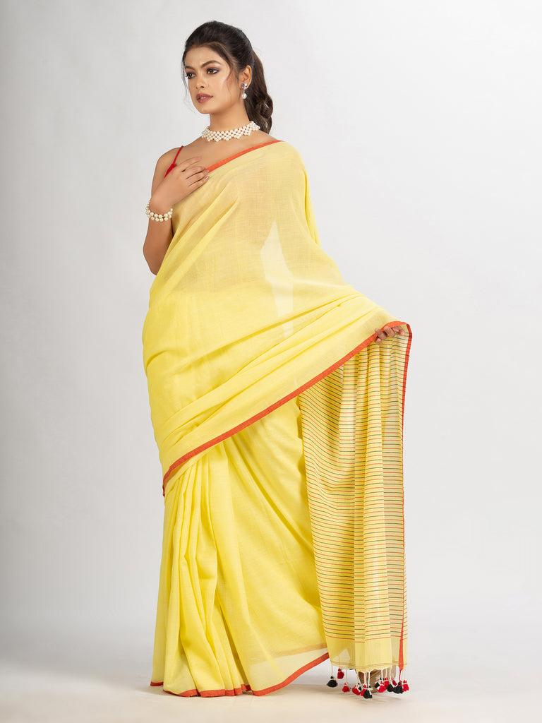 Women's Yollow Handwoven Cotton Stipe handloom Saree