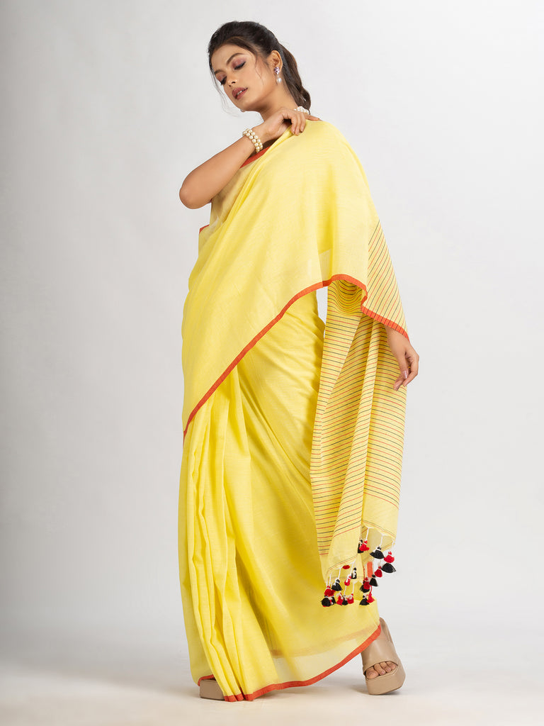 Women's Yollow Handwoven Cotton Stipe handloom Saree
