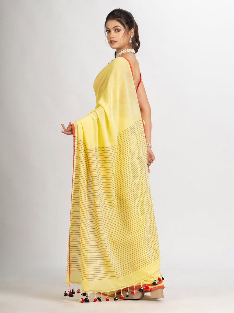 Women's Yollow Handwoven Cotton Stipe handloom Saree