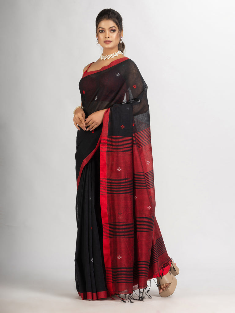 Women's Black Handwoven Cotton Jamdani handloom Saree