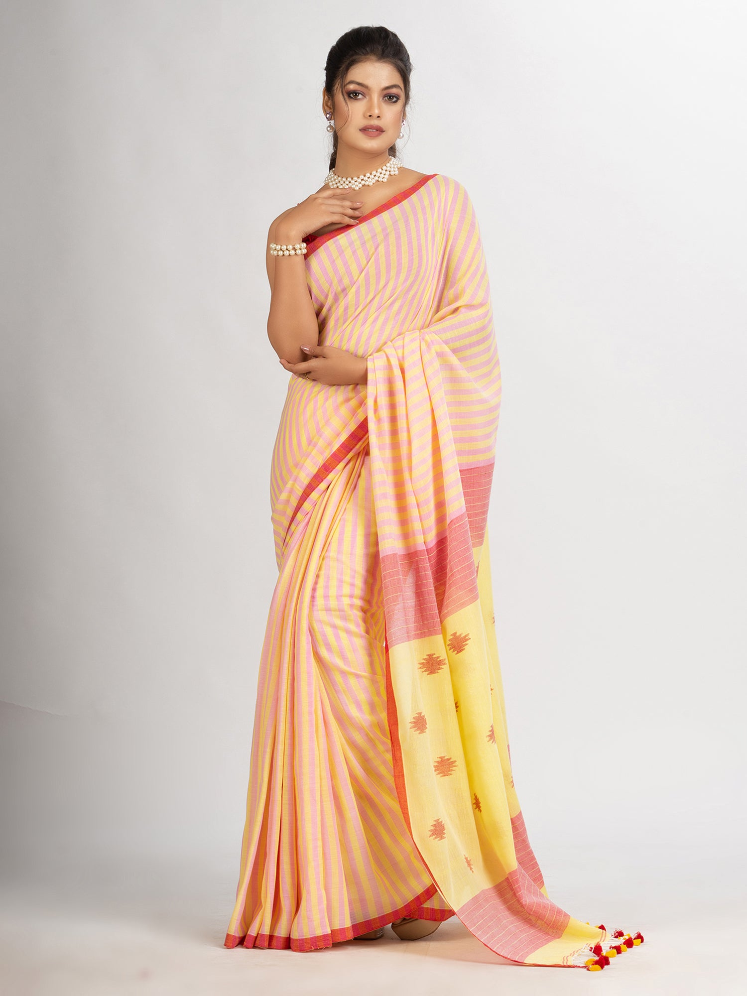 Women's Pink yollow Stipe Handwoven Cotton Jamdani handloom Saree