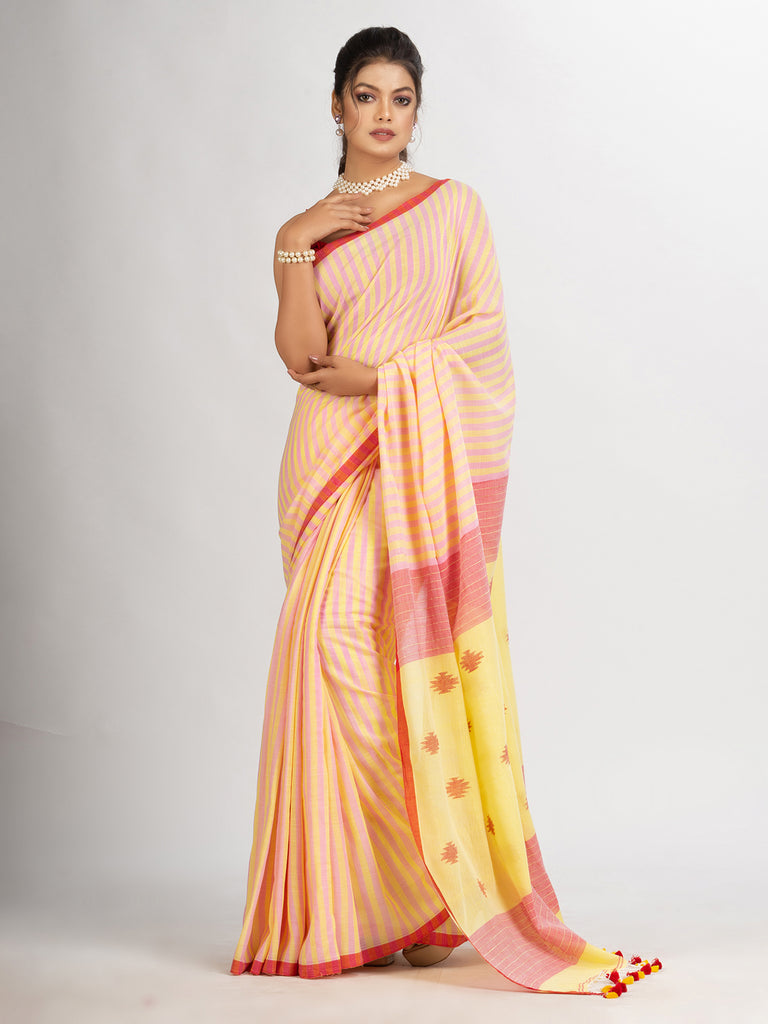 Women's Pink yollow Stipe Handwoven Cotton Jamdani handloom Saree