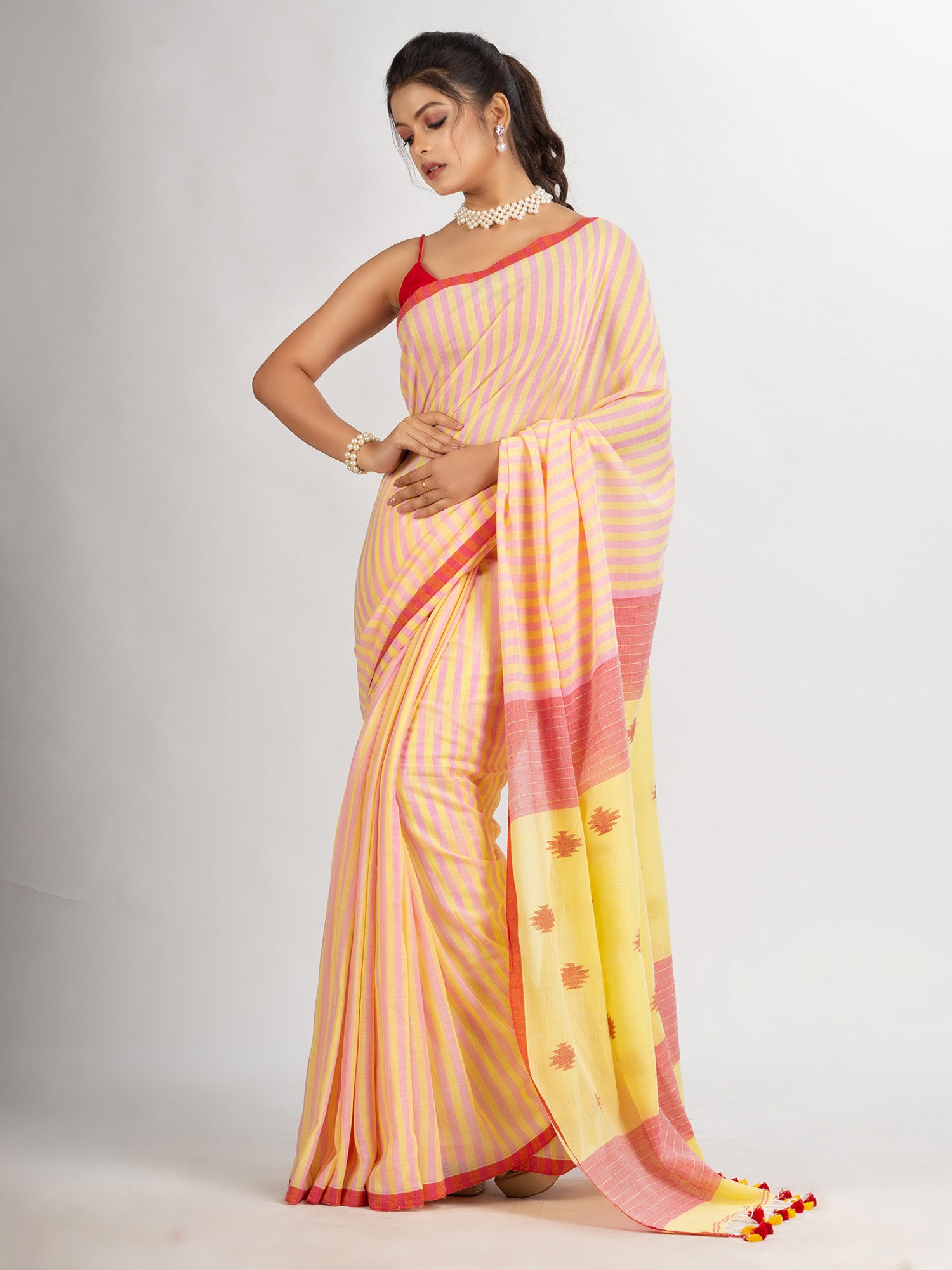 Women's Pink yollow Stipe Handwoven Cotton Jamdani handloom Saree